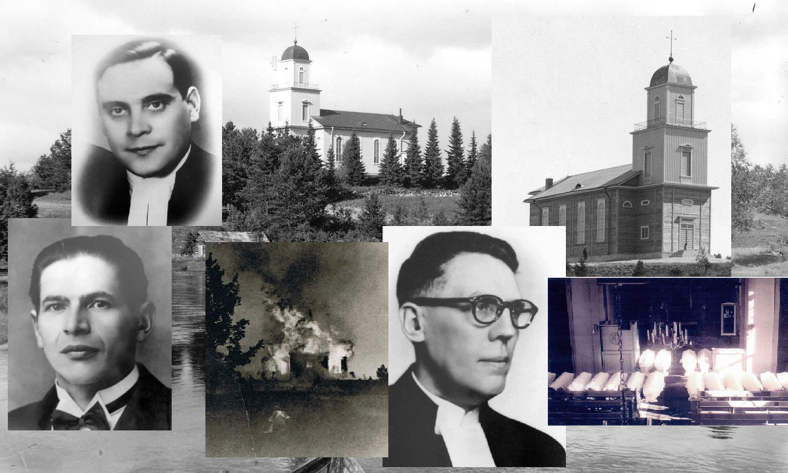 Kuvassa Taivalkosken kirkko ja kirkkoherroja