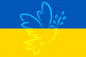 Ukrainan lippu ja rauhankyyhky.